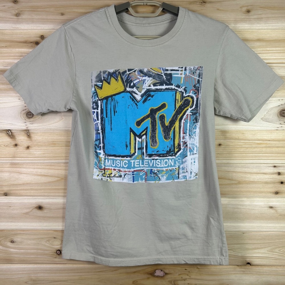 MTV Music Television T-Shirt Mens Small Tan Graffiti Art Crown Short Sleeve